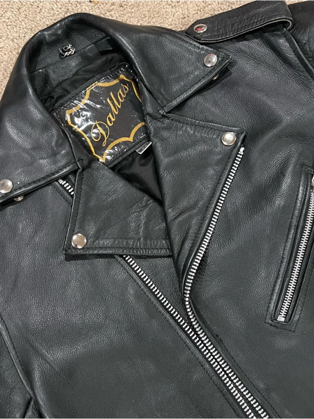 DALLAS Premium 100% Cowhide Leather Classic Black Moto Jacket Silver Hardware - Picture 5 of 14